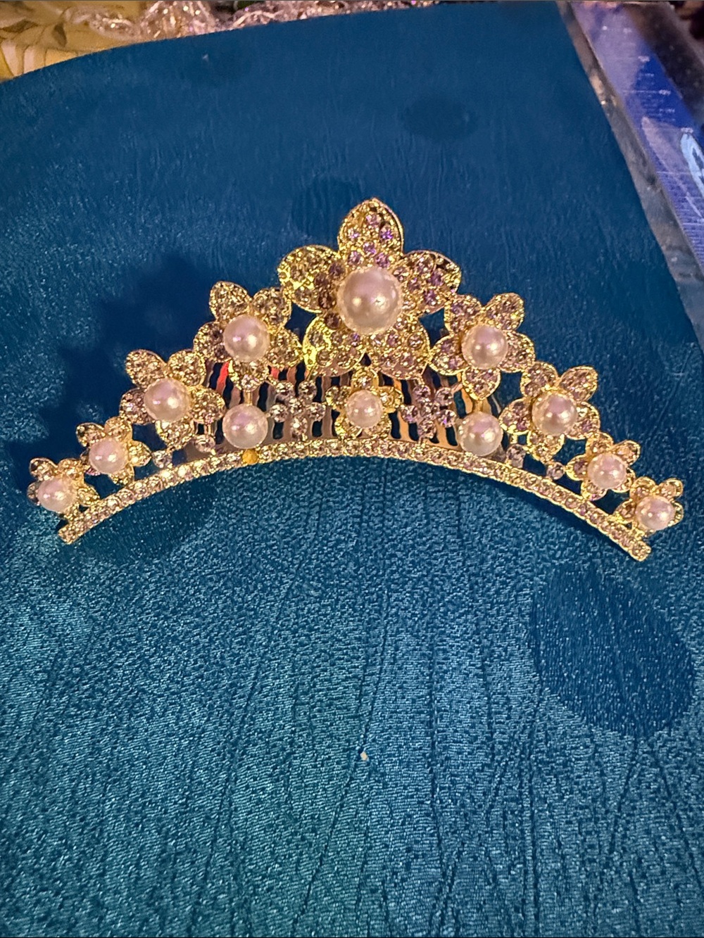 Gold Pearl Floral Tiara Hair Comb - Women Accessories